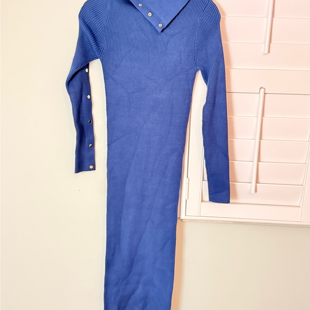 Zara Blue Ribbed Snap Detail Midi Dress Size L - Picture 3 of 5